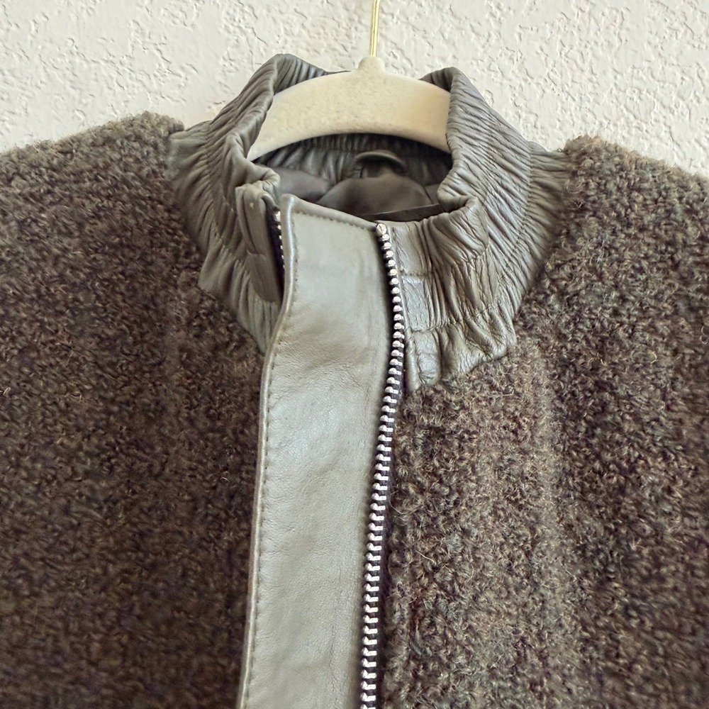 SIR. The Label Mixed Media Boucle Wool Bomber Jacket Olive Green Leather Trim S - Picture 13 of 16